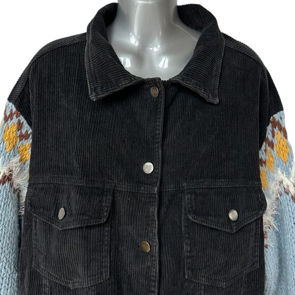 POL Trucker Jacket Black Corduroy Blue Knit Sweater Sleeves Women's Size Medium - Picture 3 of 10
